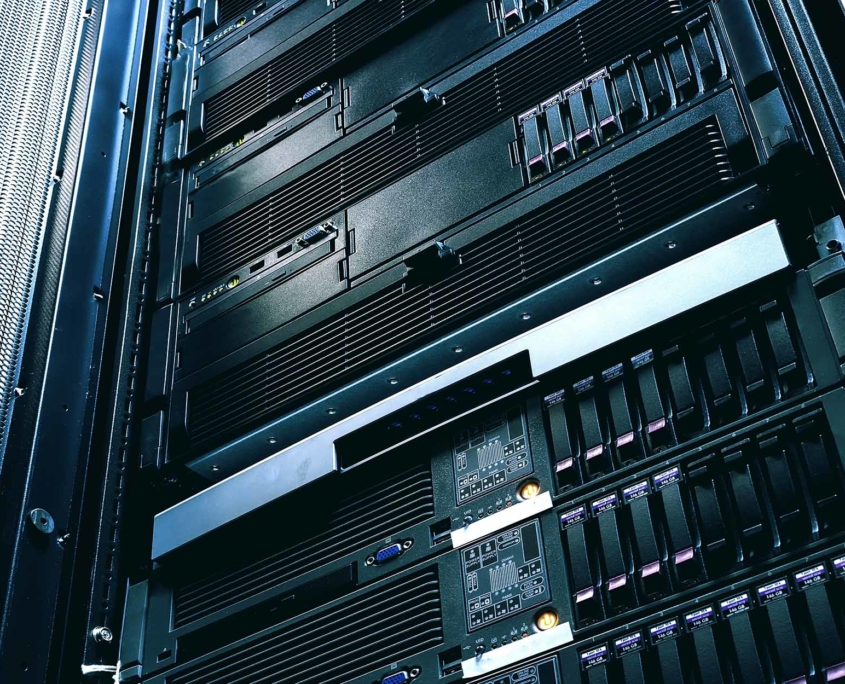 Close up view of a black network servers
